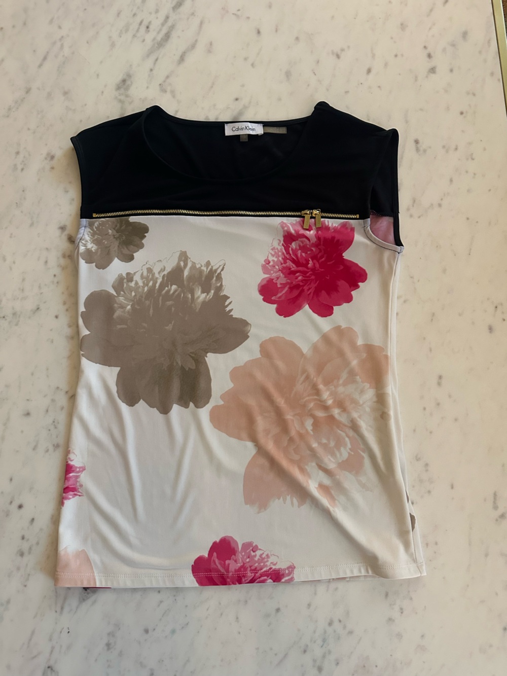 Calvin Klein Black and Pink Floral Dress with Gold Zipper Pulls